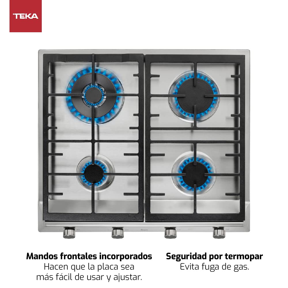 TEKA Placa de Gas 60 cm, 4 Quemadores Alta Eficiencia, Parrillas de Fundición, Doble Anillo, Mandos Frontales Metalizados, Autoencendido, Seguridad Termopar, EX 60.1 4G AI AL DR CI NAT