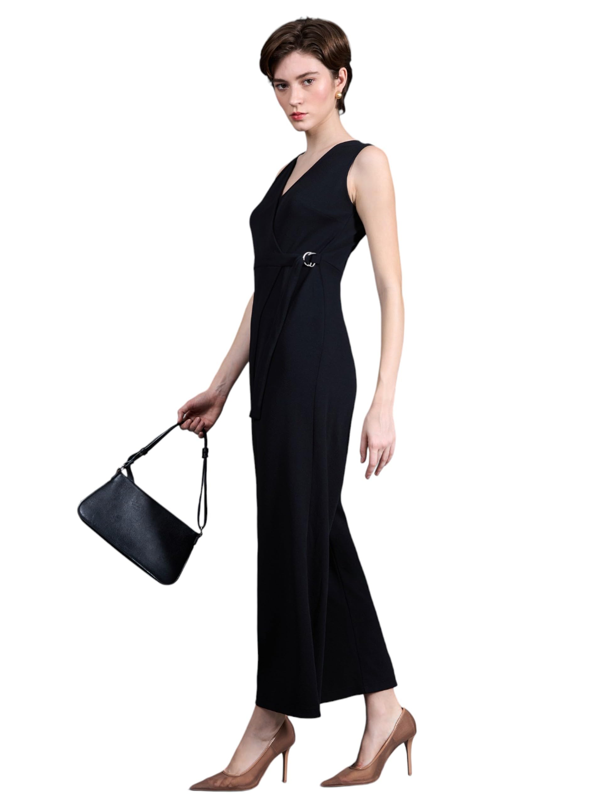 nine vogue Women's V-Neck Sleeveless Wrap Regular Length Jumpsuit-picture-0