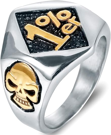 Biker Ring 1% er Outlaw, Lucky 7 & Lucky 13 Titanium Steel Diamond-Shaped Face with Skull Side, Gothic Punk Rebel Bikerring Jewelry