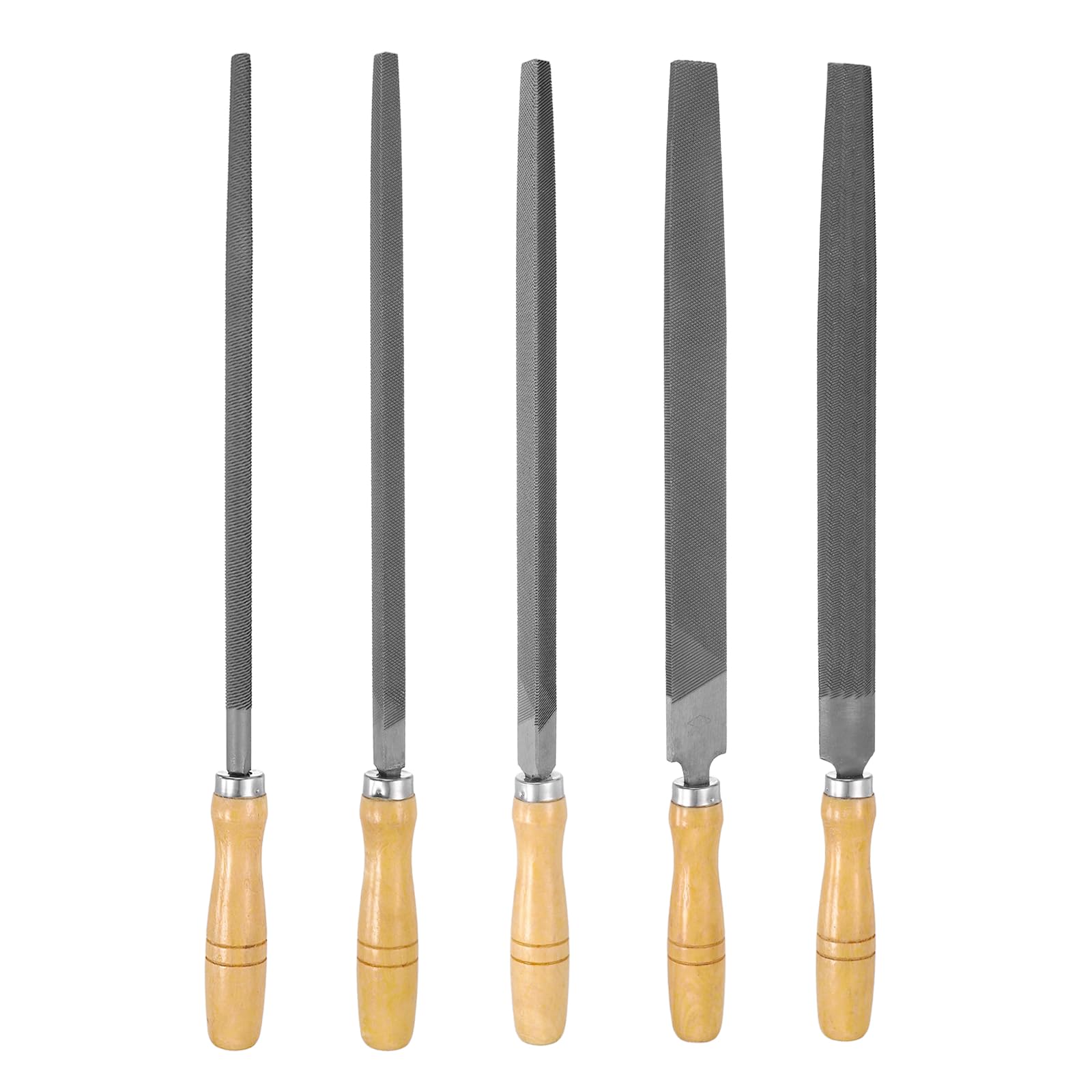 sourcing map 5pcs Metal File Set 300mm Coarse Teeth High Carbon Steel Hand Files with Wooden Handle Square/Flat/Triangle/Half-Round/Round for Metal Wood Stone Grinding Polishing Engraving