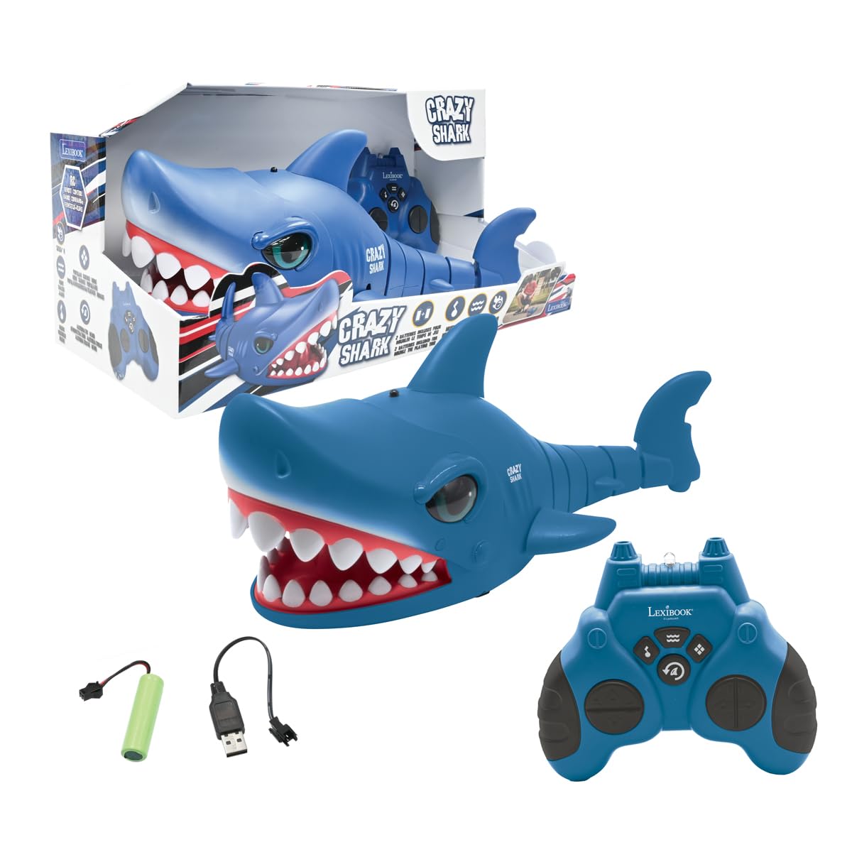 LEXIBOOK - Crazy Shark - Remote Control Shark, Up to 5 km/h (3mph), Automatic hunt and dance modes, programmable, Music effects, Blue, SHARK01LXB