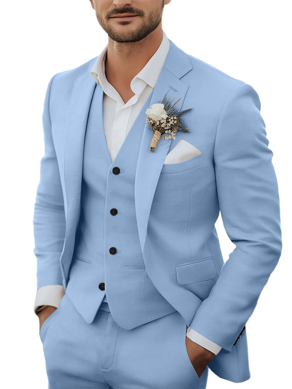 Men's 3 Piece Linen Suits Casual Lightweight Blazer Jackets Vest Pants Set for Wedding Business Prom Suit