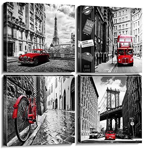 Black and White Wall Decor for Living Room Red Wall Art Bedroom Decor New York London Rome Paris Posters City Landscape Canvas Pictures Paintings Modern Artworks Kitchen Office Home Decorations 20x20"