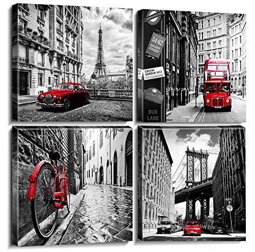 Black And White Wall Decor For Living Room Red Wall Art Bedroom Decor New York London Rome Paris Posters City Landscape Canvas Pictures Paintings Modern Artworks Kitchen Office Home Decorations 20X20" #TOP2