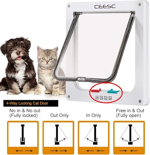 Miniatura 2 de CEESC Puerta grande para gatos (tamaño exterior de 11 x 9.8 pulgadas), puerta de gato con bloqueo de 4 vías para ventanas y puerta corrediza de