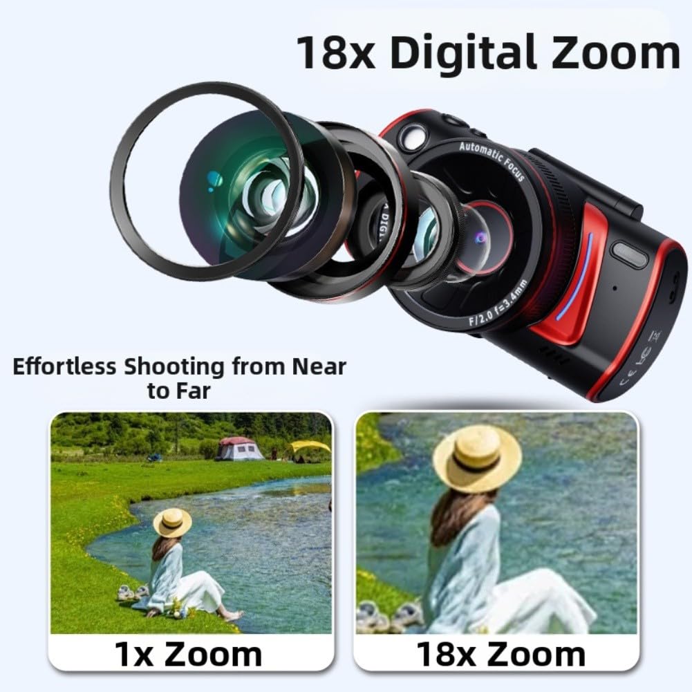 Fotocamera digitale HD 4K con schermo flip da 3 pollici e WiFi, 5 MP, zoom 18x, supporto 256 GB, per vlog all'aperto, studenti, viaggiatori, cavo auricolare