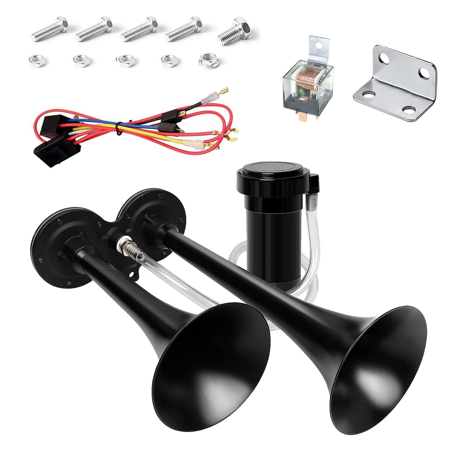12V Drucklufthorn Lufthorn, 150dB LKW Hupe Doppelrohr Horn Schwarz Elektrische Lufthorn Hupe Chrom Zink Dual Trompete Air Horn mit Kompressor für PKW LKW Booten Motorrädern