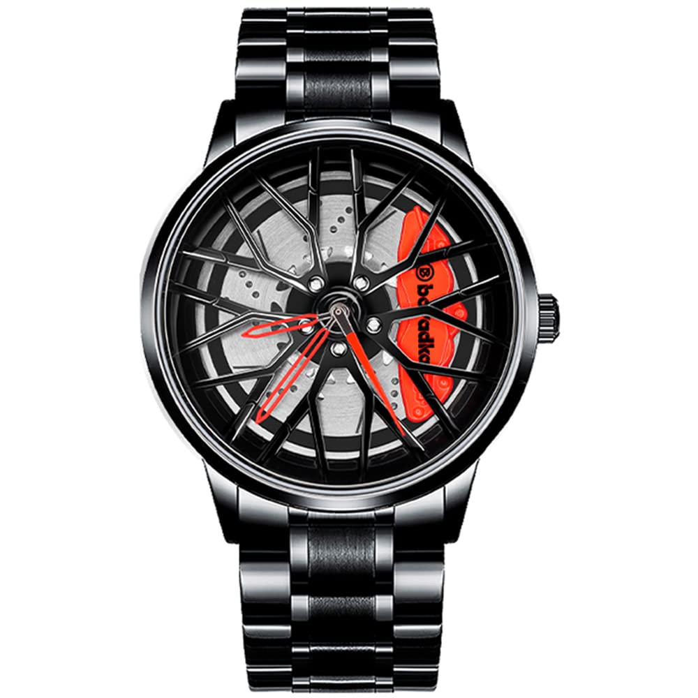 BOYADKA Car Watches for Men, Car Wheel Watch with Japanese Quartz Movement, Stainless Steel Waterproof Wrist Watch with Car Rim Hub Racing Design for Car Enthusiast