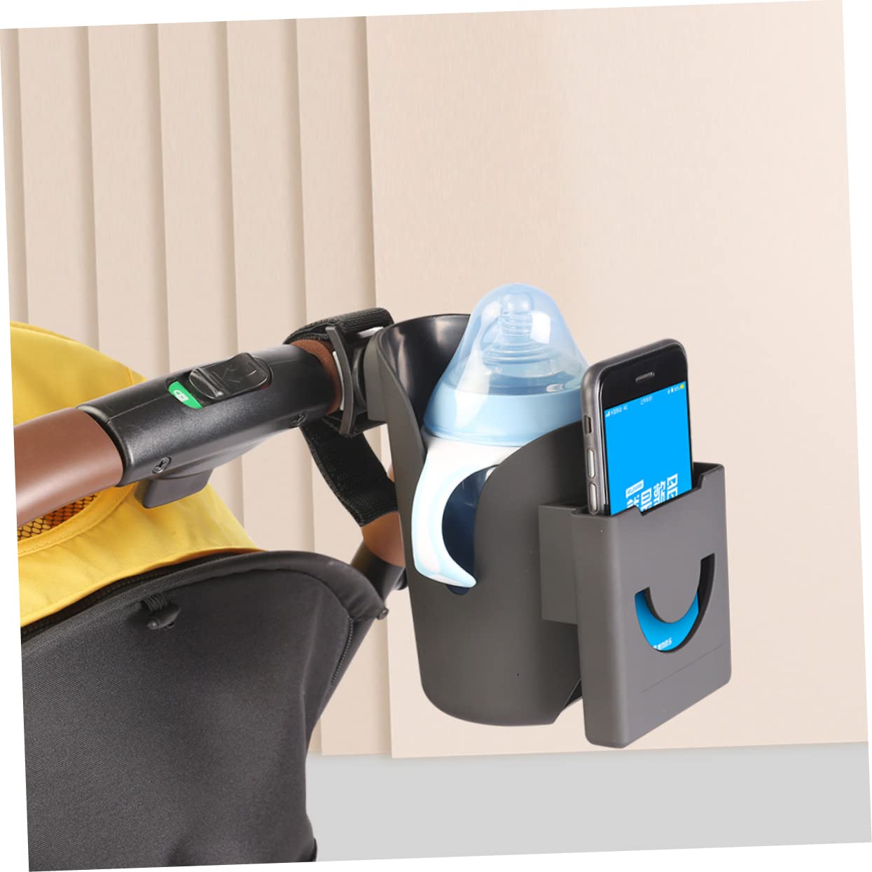 ERINGOGO Portabottiglie Per Carrello 2 in 1 Portacellulare, Struttura Robusta in Materiale Resistente, Supporto Bottiglia e Telefono Per Passeggini Nero