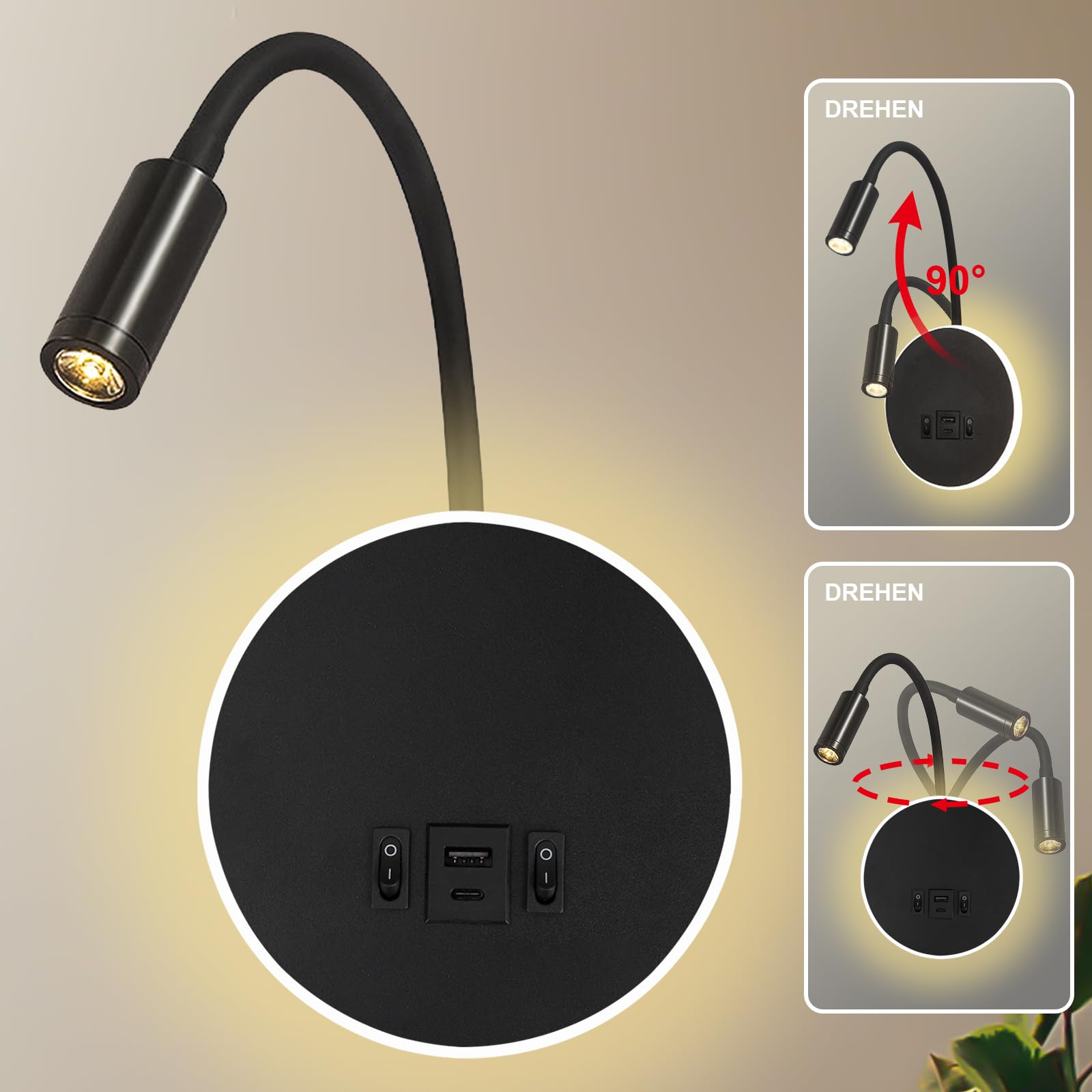 LED lámpara de pared mesita de noche 12 W LED spot regulable 3 W + 9 W 3000 K luz cálida (carga USB negro)
