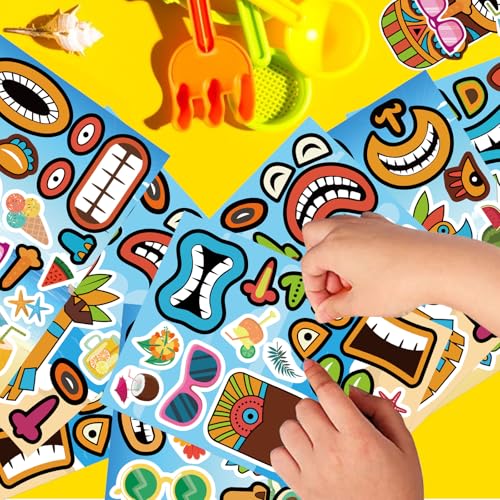 Image of Summer Stickers, Make a Tiki Face Sticker, Tropical Hawaiian Stickers | 24 Sheets Make Your Own Tiki Sticker for Kids Summer Luau Party Favors Decoration