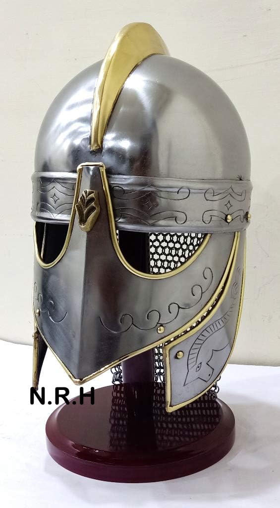 Medieval Barbuta Visored Brushed Steel Knights Templar Crusaders Armour Helmet | Halloween Costume Props Silver Finish with Wooden Stand