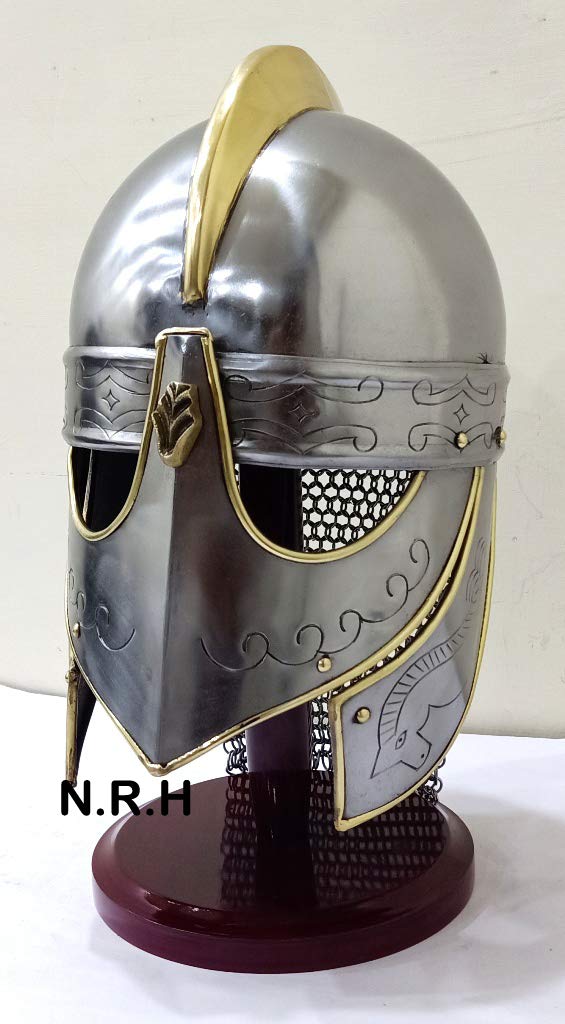 Medieval Barbuta Visored Brushed Steel Knights Templar Crusaders Armour Helmet | Halloween Costume Props Silver Finish with Wooden Stand