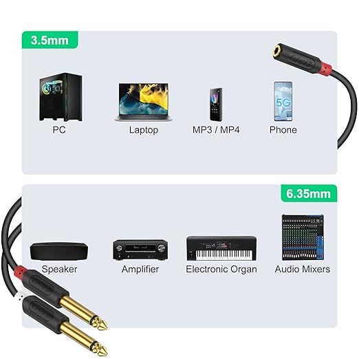 Cable adaptador J&D 3.5mm a 2x 6.35mm TS, chapado en oro, 3 pies miniatura 4