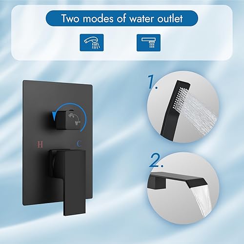 Miniatura 3 de Grifo de bañera en cascada con ducha de mano, negro mate, relleno de bañera con boquilla de cascada, juego de grifo de ducha de una sola manija con