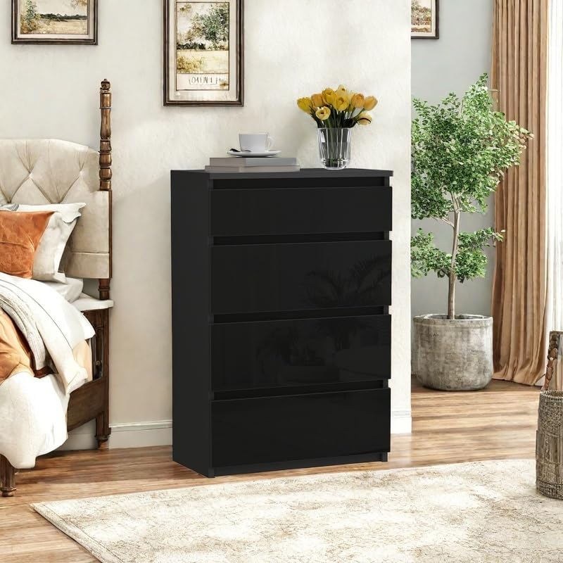 YITAHOME Commode à 4 tiroirs, Meuble de Rangement Contemporain Brillant pour Chambre à Coucher, 92 x 33 x 60 cm, tiroirs coulissants, Construction en Bois, Noir