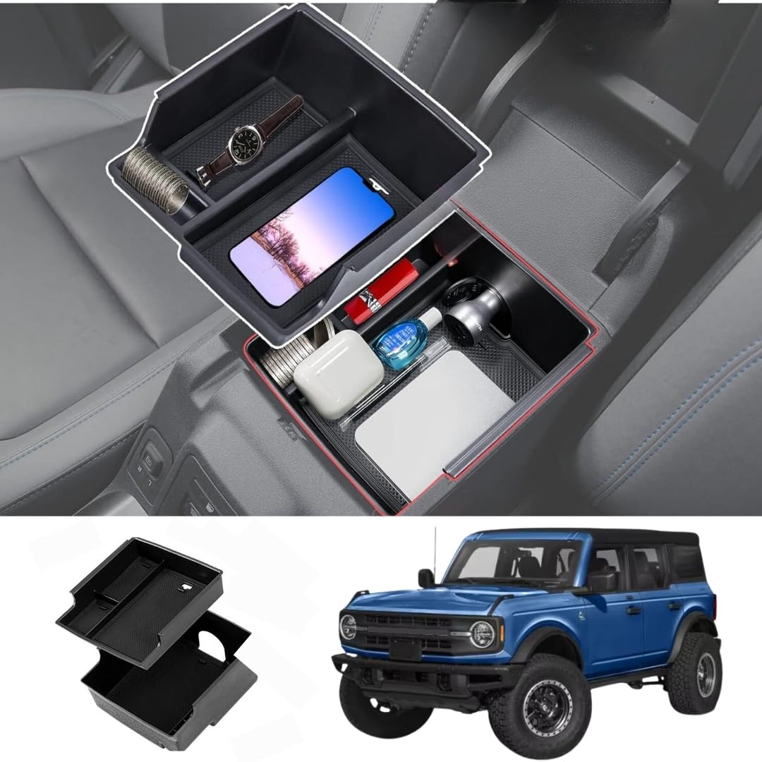 TRX AUTO Center Console Armrest Box Organizer Tray 2 Layerd With Coin Holder And Anti-Slip Mat For Ford Bronco Model 2021 to 2024 | Ford Bronco Interior Accessories 2023