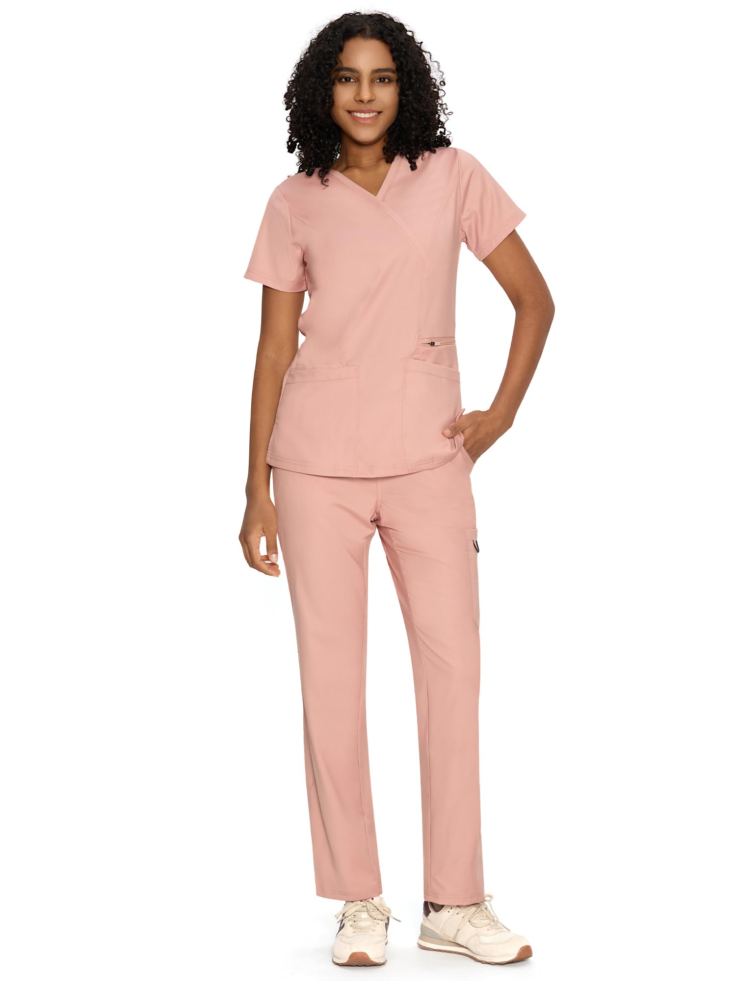 COZYFIT Scrubs for Women - Mock Wrap Top & Straight Leg Pants with 6 Pockets, Back Princess Seams, Soft Fabric