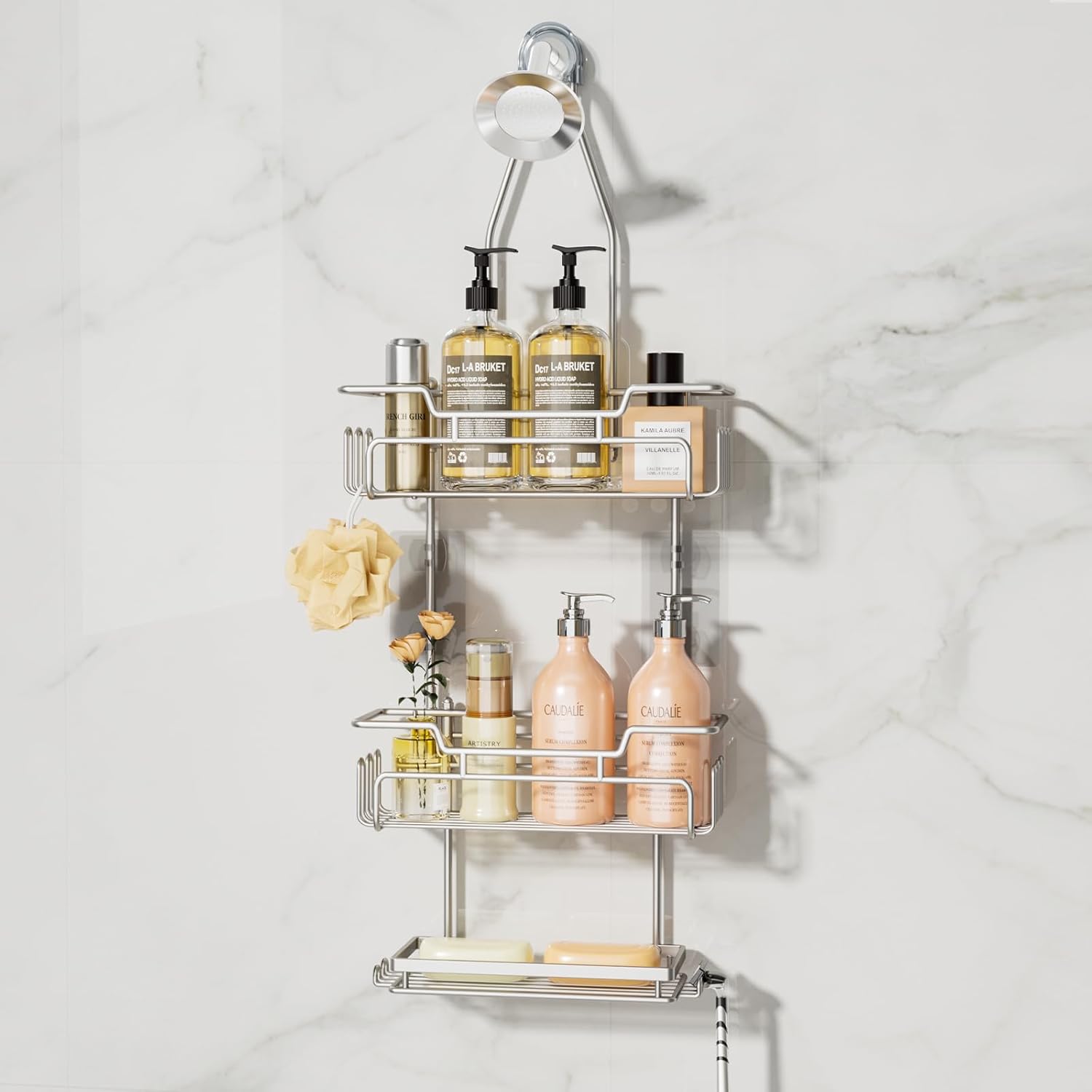 swtymiki bathroom shower caddy hanging - 3 tier rustproof over shower head organizer, no drilling bathroom shelf with 16 hooks & soap holder, anti-swing rack, sand nickel, medium