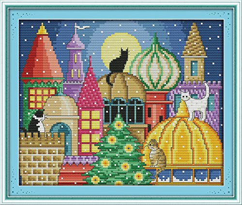 Image of Howie's Needlepoint Cross Stitch Kits, 14CT Pre-Printed Pattern Needlepoint Kits, Full Range of Stamped Starter Kits (The Cat City, 11.8 x 9.8 Inch)