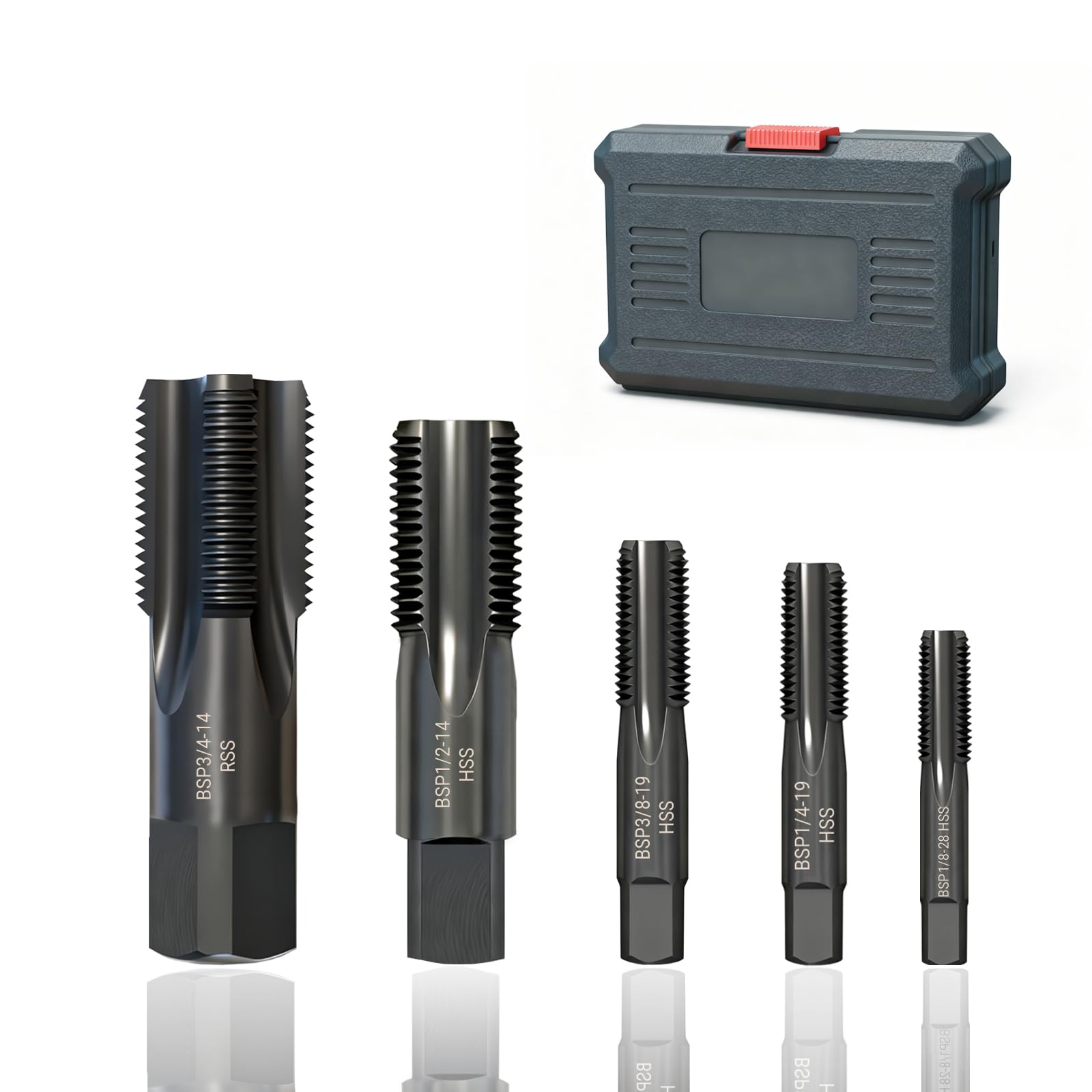 WojBear 5 PCS BSP Pipe Tap Set, 4341 Steel Threader Overall Black Nitriding, 1/8-3/4 inch, Hand Threading Plumbing Tap Set for Accurate Threads, Assorted Plumbers DIY Thread Cutting Tools