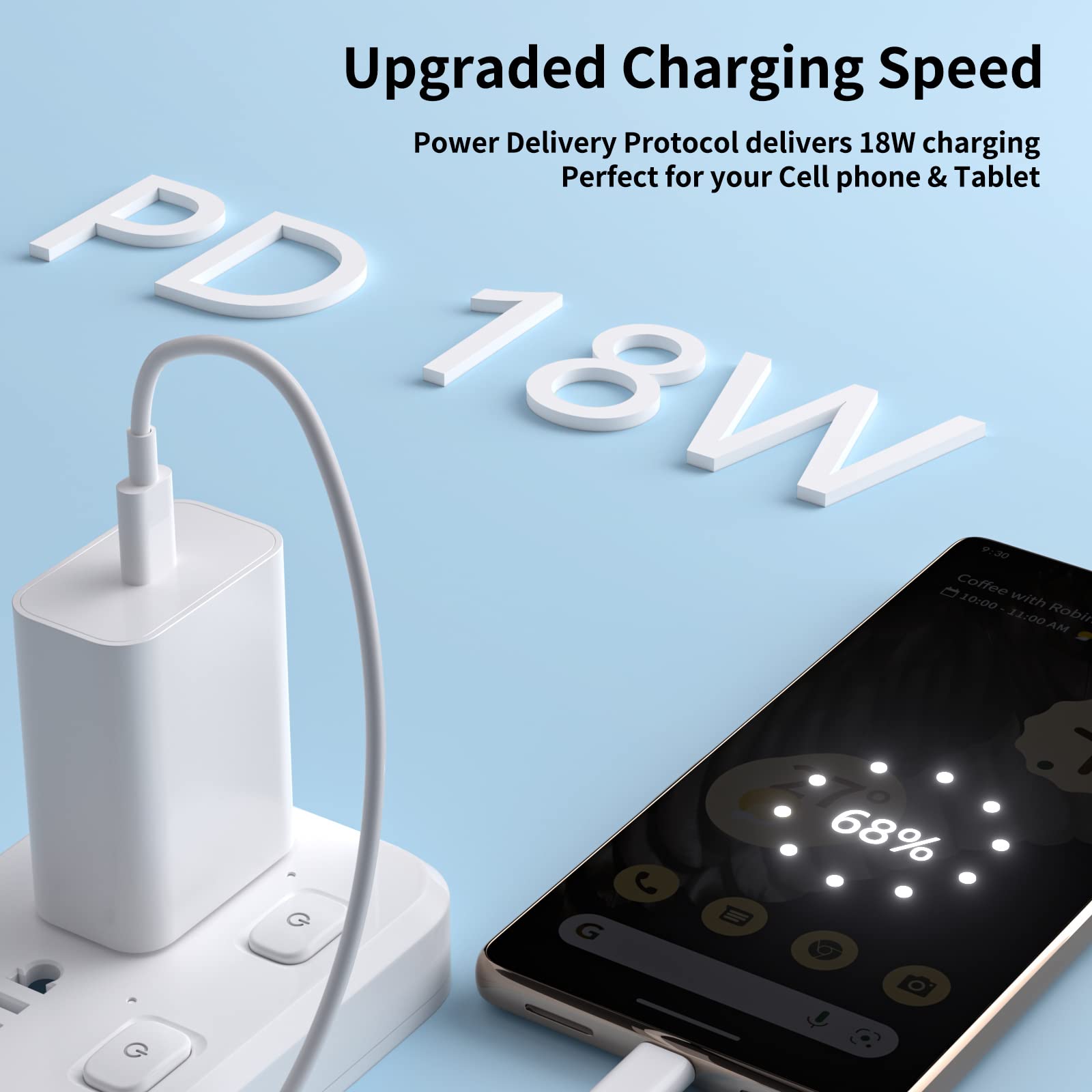 Jiunai USB C Wall Charger for Pixel 8a, 18W Plug-in USB C Charge Block 3.3ft USB C Cable Power Delivery 9V 2A Speed Charger Adapter PD Type C Wall Charger Block for Google Pixel Tablet iPad Galaxy S24