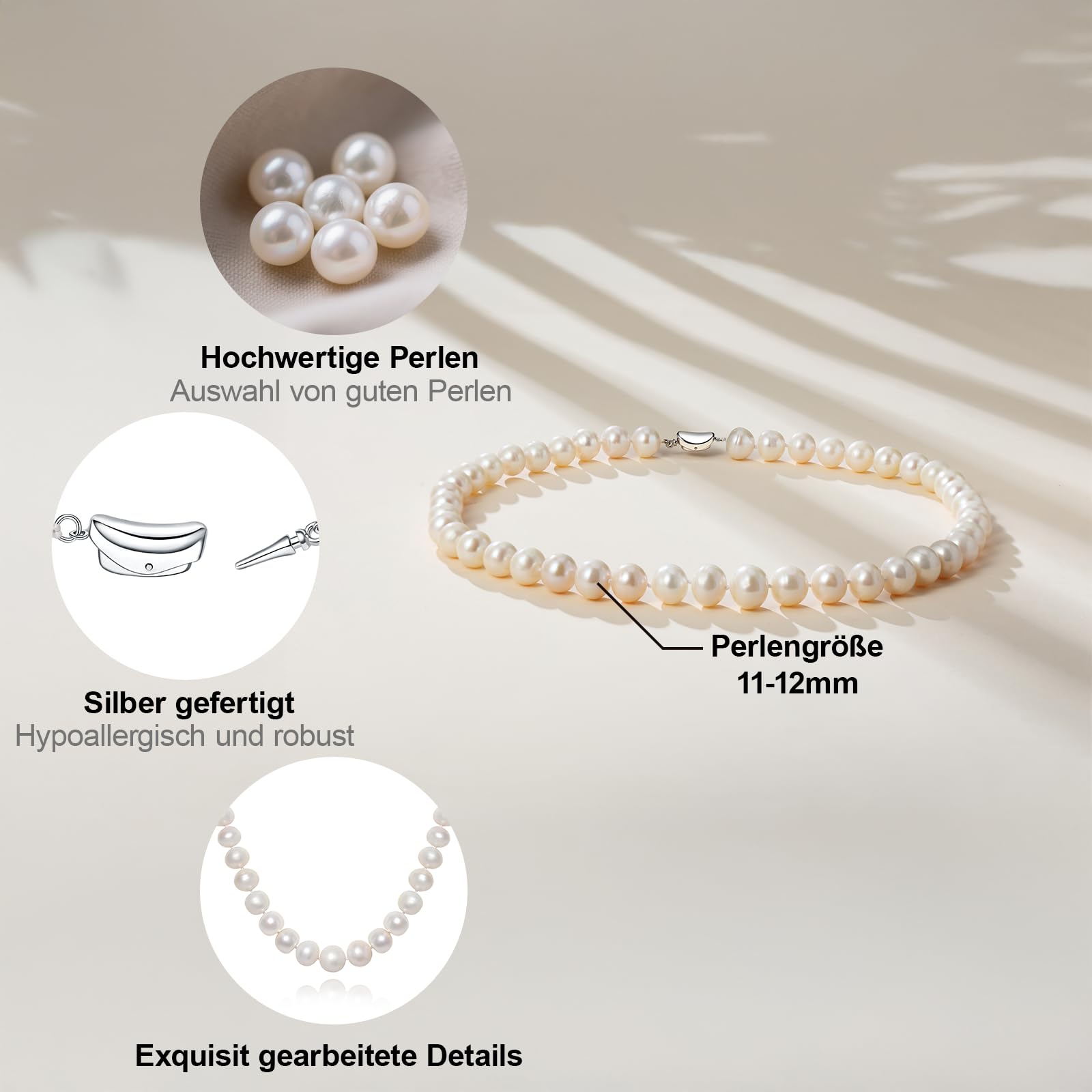 YAMI Perles de culture d'eau douce Blanches 11-12 mm pour femmes, collier de perles véritables 18inch (45cm) avec fermoir à pois, argent sterling 925, cadeau de bijoux pour femmes.