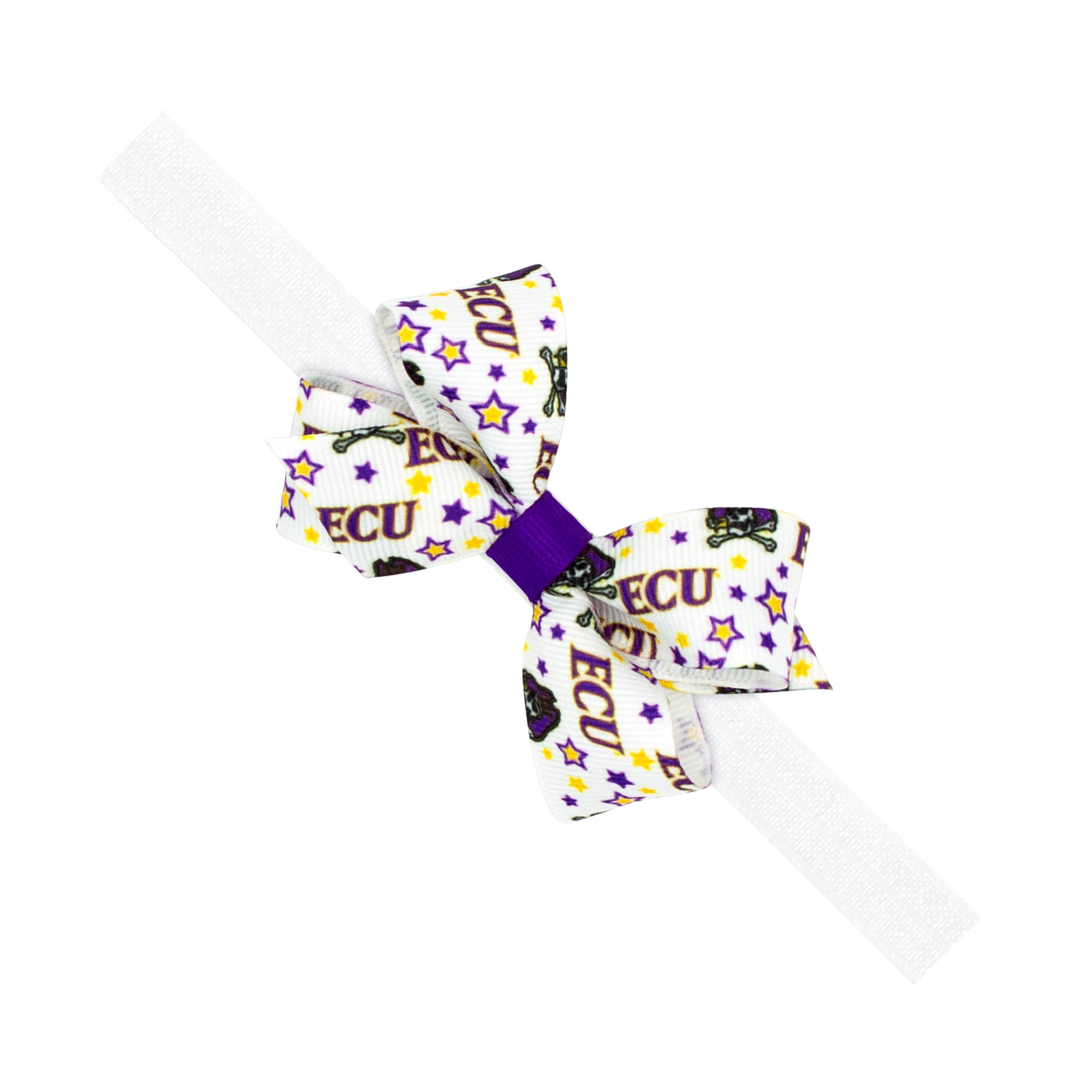 Divine Creations, Girls' Signature Collegiate Logo Print Grosgrain Mini Hair Bow on Elastic Baby Band, One Size, ECU Pirates