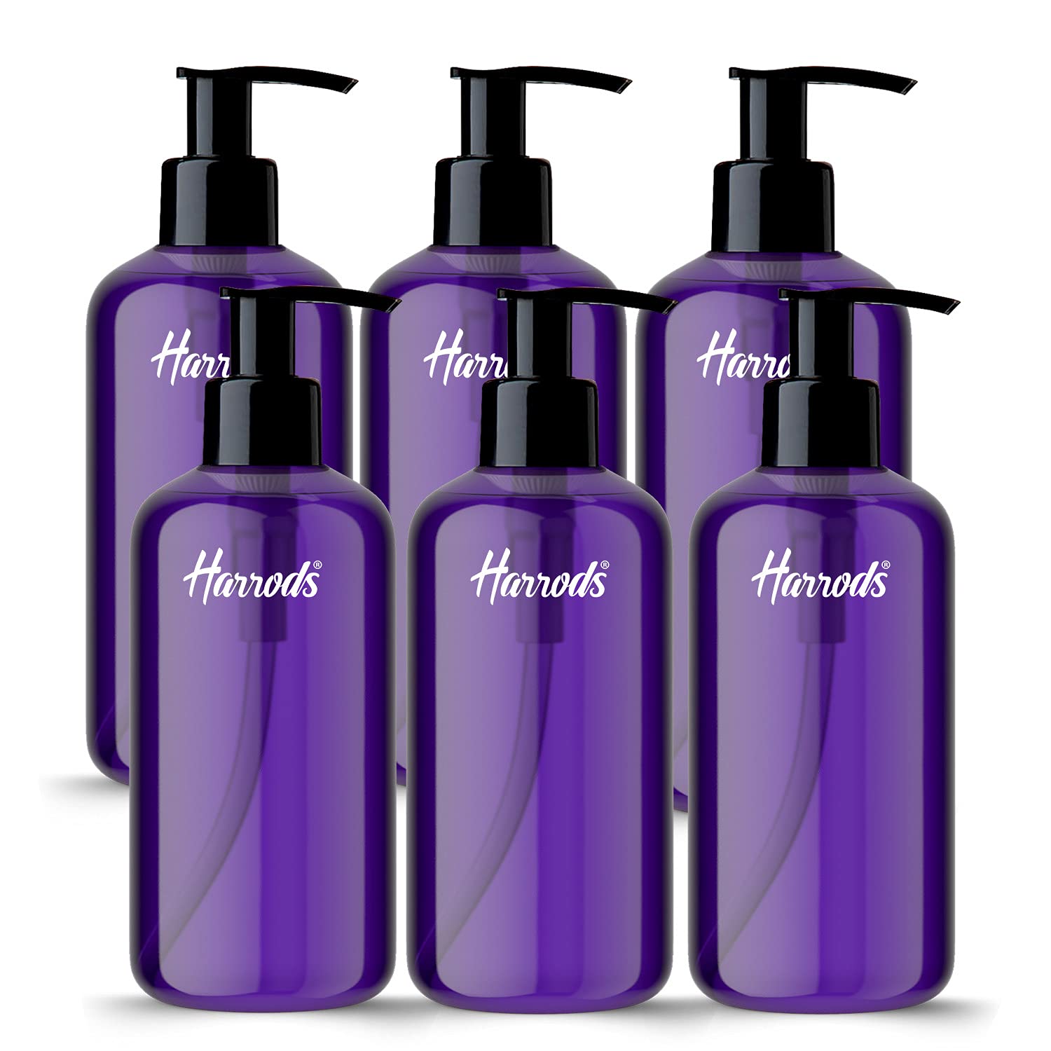 HARRODS Purple Empty Plastic Pump Bottle, Bottle for Oil, Liquid, Fogging, Room Spray, Rangoli and Hand wash 300ml (Pack of 6)