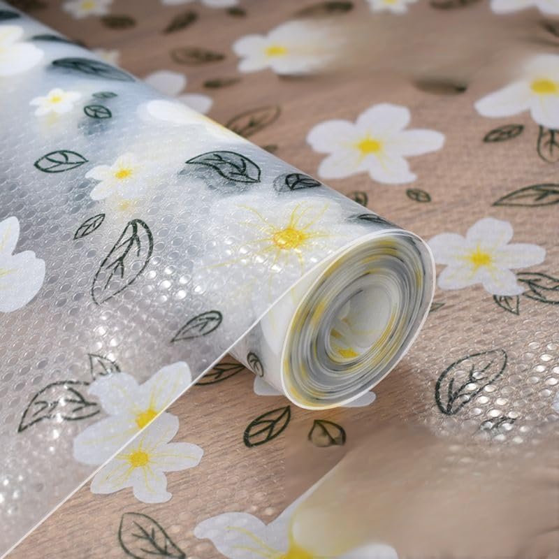 Image of EVA Fridge Shelf Liner Roll, Washable Drawer Mat Sheet, Cut-to-Size Cabinet & Refrigerator Shelf Protector, Food Contact Suitable Multipurpose Kitchen Table Liner Roll, 3 Meter (White Flower)