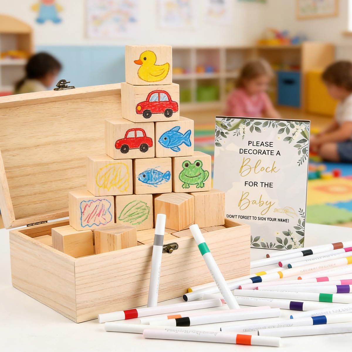 Cubos de Madera, OctBird Kit 78 Pzs Bloques de Madera para Manualidades, Cuadros Madera Manualidades Maciza Bloques Cuadrados, 52 Diy Cube en Blanco con 24 Rotuladores y Caja para Pintar, Dibujar