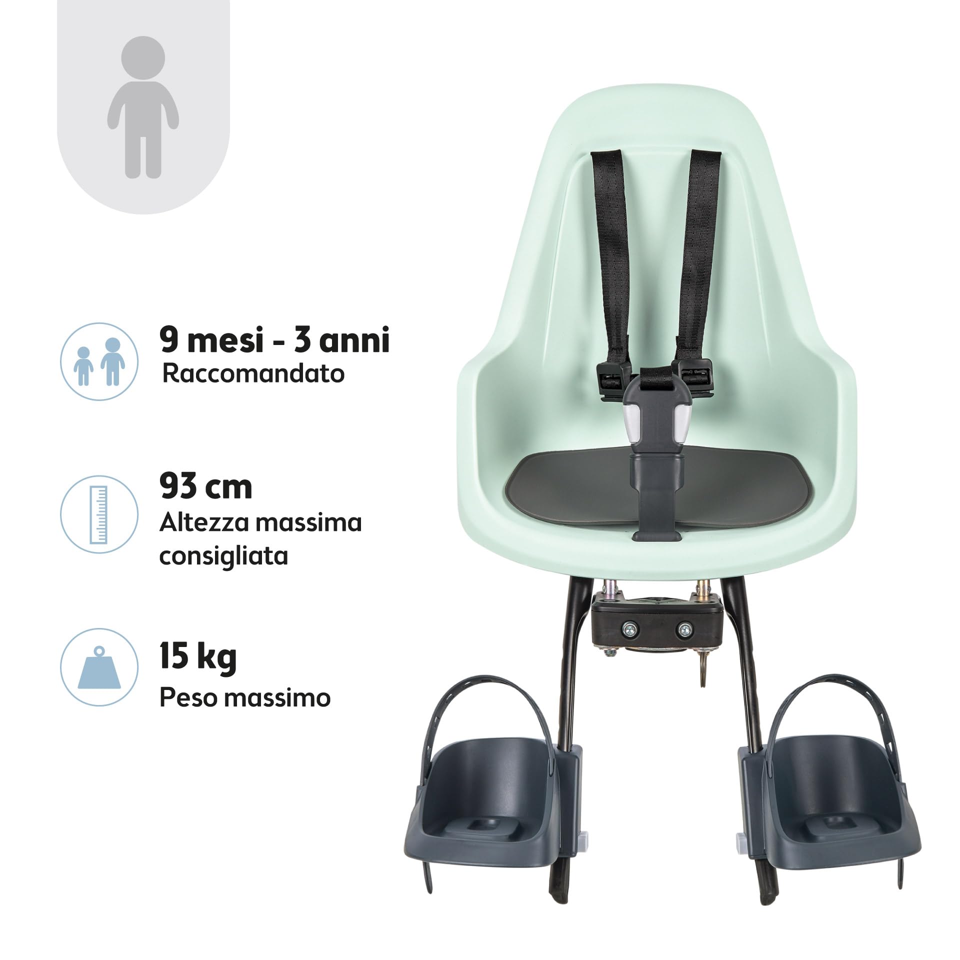 BOBIKE 8012500003 Go Mini Seggiolino Bici Anteriore per Bambini e Neonati per Tubo Sterzo – Sicuro, Regolabile, Confortevole ed Elegante per Bambini da 9 Mesi a 3 Anni, Fino a 15kg, Menta Marshmallow