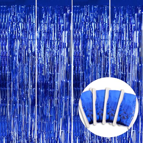Image of BEISHIDA 4 Pcs Blue Door Streamers Tinsel Curtain Party Backdrop Fringe Foil Wall Background for Birthday Halloween Christmas Wedding Boys Babyshower Party Decoration(3.28 ft x 6.56 ft)