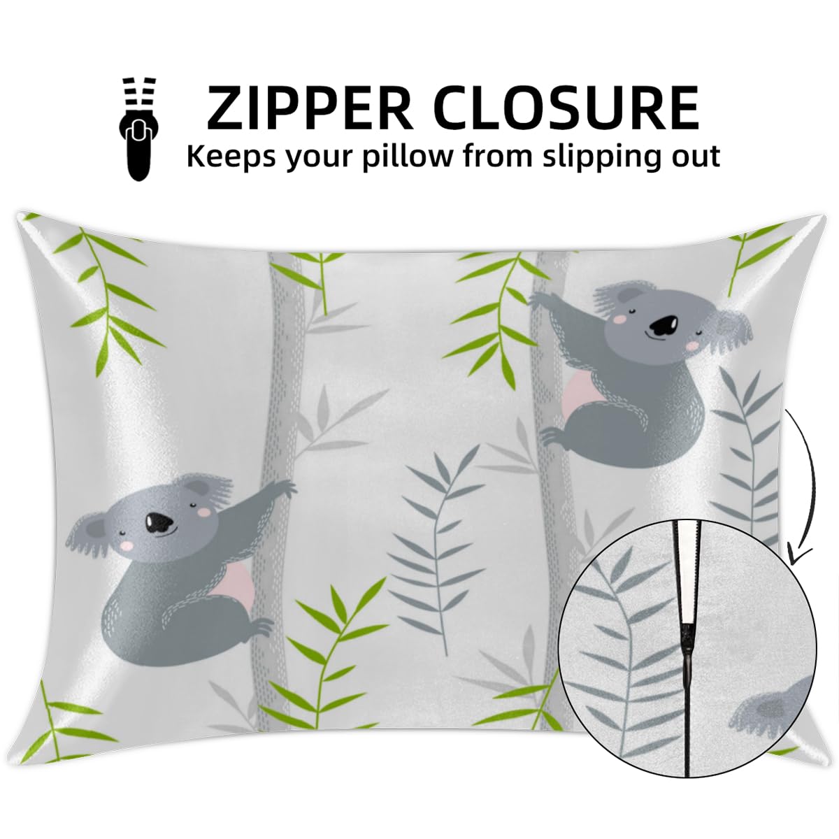 Cute Koala Animals Satin Pillowcase for Hair and Skin Set of 2 Pillow Cases Queen Size 20×30 Inches Soft Smooth with Hidden Zip Closure Gifts for Women Girl
