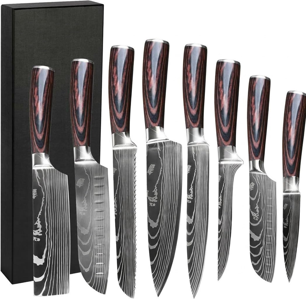 8 Pièces Couteau Cuisine Couteaux de Cuisine Ultra Sharp en Acier Inoxydable, Couteaux Japonais Professionnelle avec Poignée Ergonomique