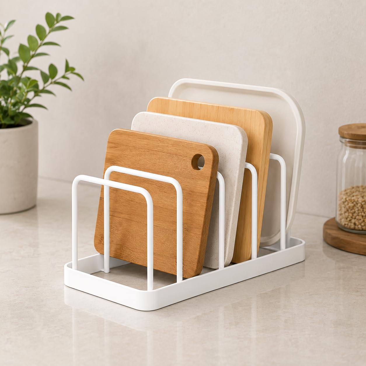 Multipurpose Kitchen Organizer Rack | Chopping Board Holder | Dish Plate Stand | Pan Lid Holder | Cutting Board Storage Rack | Countertop & Cabinet Organizer | Black Metal (White)-image-48