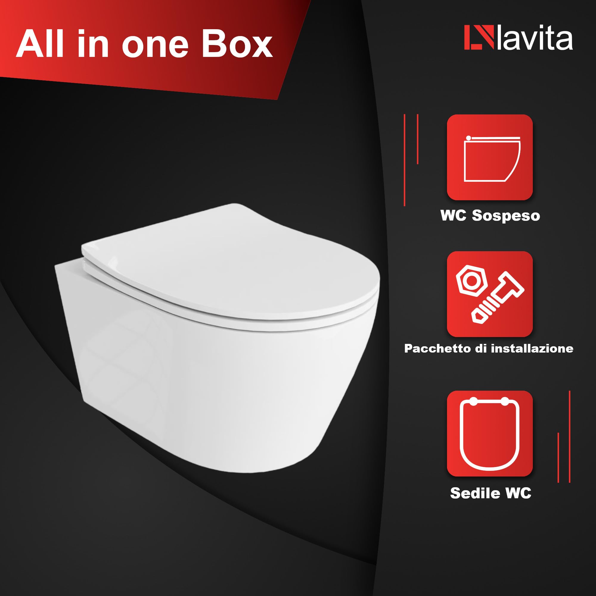 LAVITA Praia - WC sospeso, copriwater con abbassamento automatico e cerniere in metallo, senza bordo, 360 x 480 x 375 mm, bianco lucido