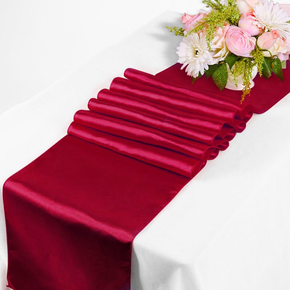 RayLineDo® Pack of 10 12'' X 108'' Satin Table Runners for Wedding Party Banquet Table Party Bridal Decoration in Wine
