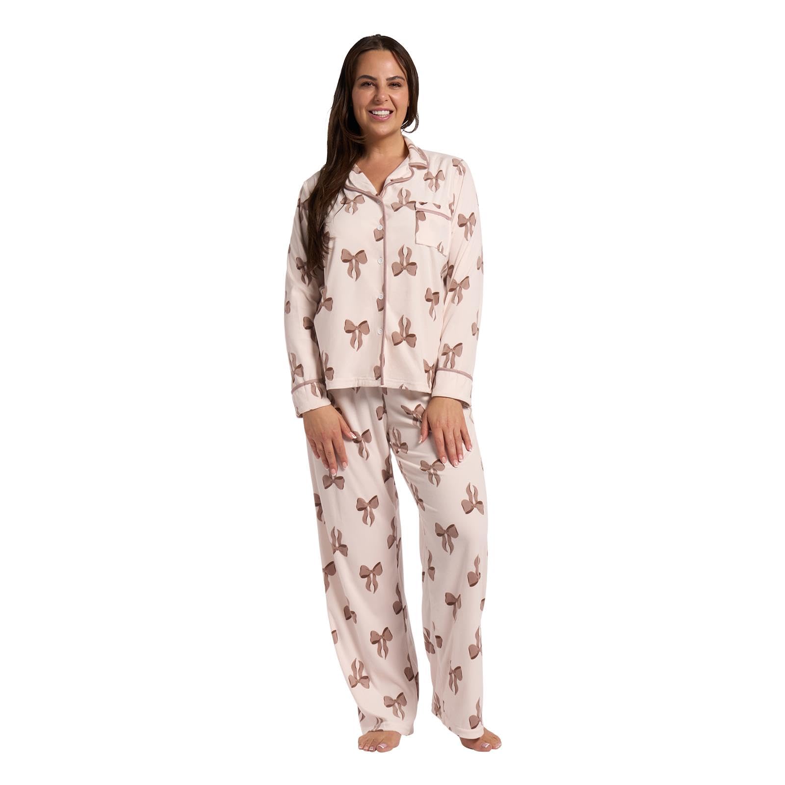 Ohs Women's Bow - Cream Pjs For Sets Bow Print, Long Sleeve And Full Length Bottom Pyjamas Bride Pjs Two Piece Button Down Nightwear Sleepwear For Cream - S/M