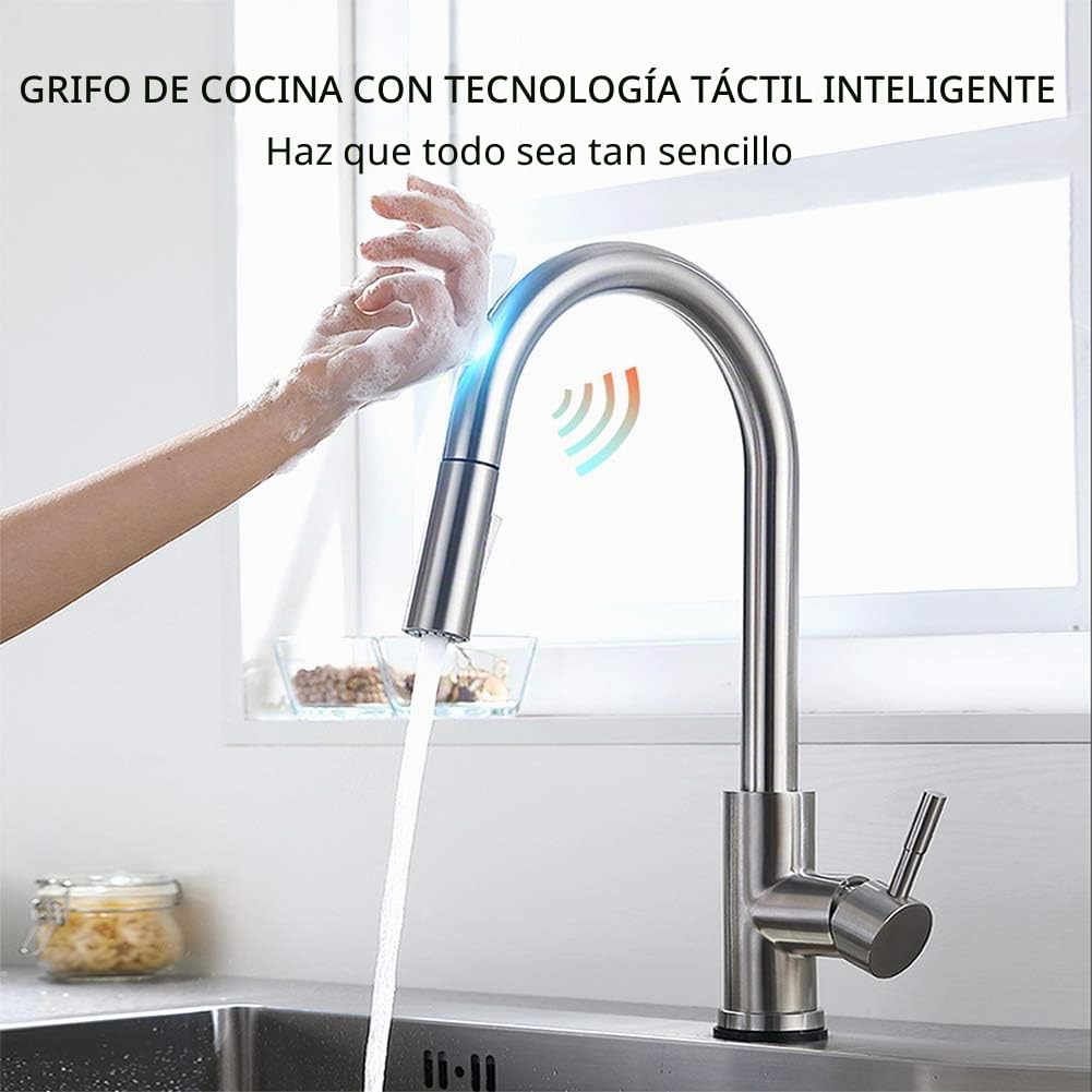 Gx Grifo De Cocina Con Sensor Táctil, Inducción Grifo De Fregadero Giratorio a 360°, Con Ducha Extraíble - 2 Modos De Rociador, Latón Monomando Mezclador De Fregadero, Para Agua Caliente Y Fría, Negro