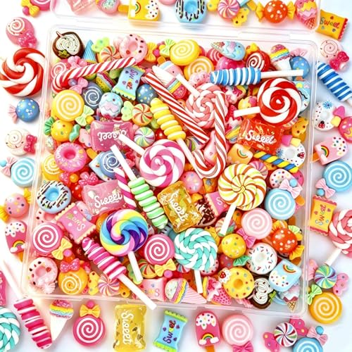 120Pcs Mixed Colors Cute Candy Slime Charms Random Flatback Resin Fake Candy Charms Bulk for DIY Crafts Embellishments for Phone Cases Hair Clips & Scrapbooking Decor