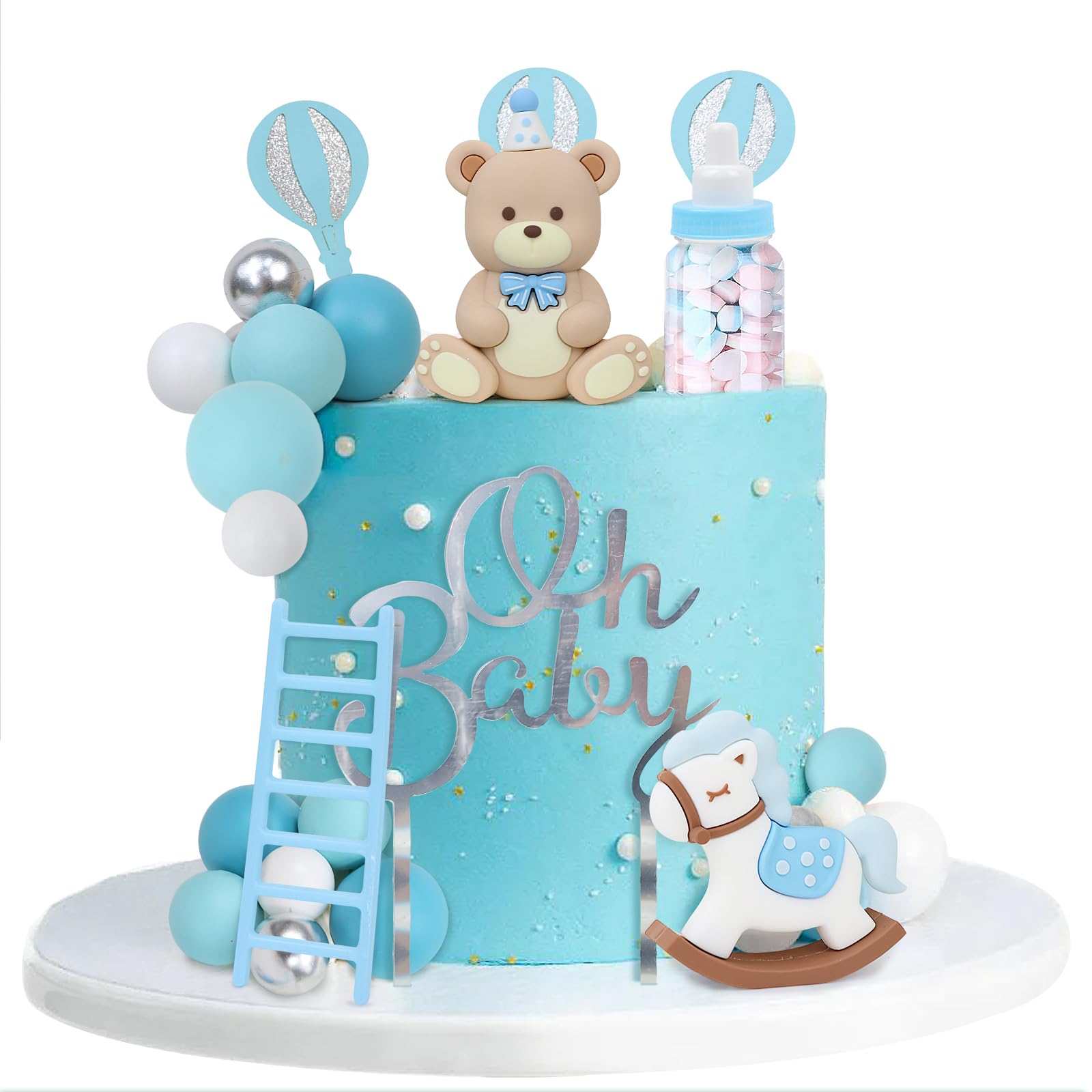 Acmee 28PCS Bear Cake Toppers - Mini 3D Blue Bear Rocking Horse Milk Bottle White Silver Balls Oh Baby Cake Decorations for Boys Baby Shower Birthday