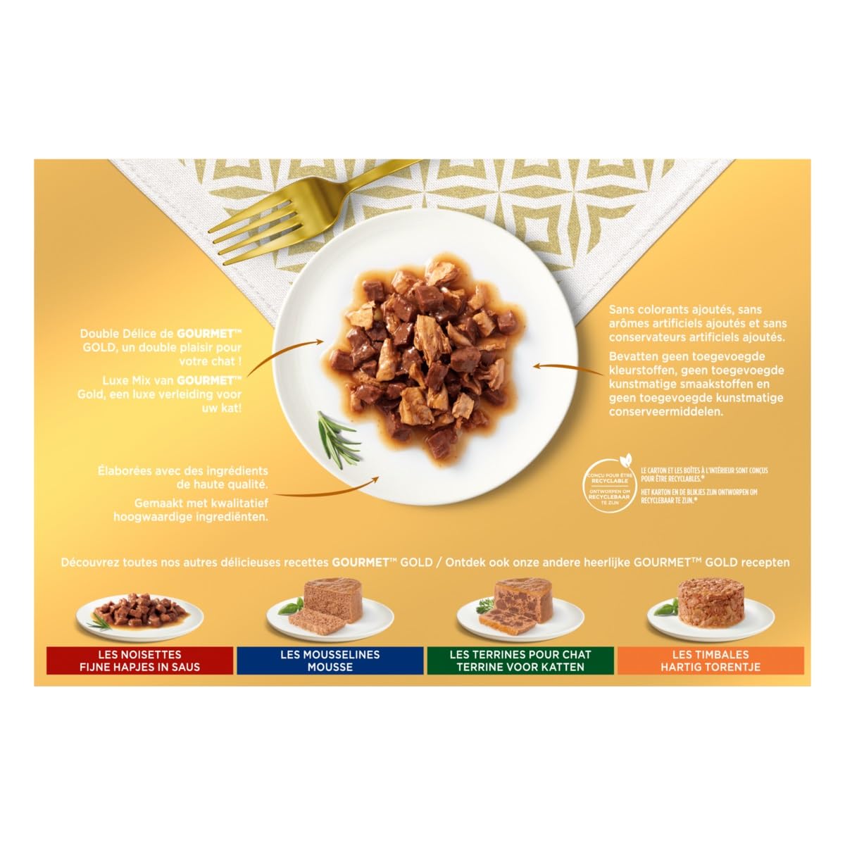 GOURMET | Gold | Double Délice | Chat Adulte | Filettines en Sauce | Bœuf et Poulet, Lapin et Foie, Poisson de l'Océan Sauce aux Epinards, Canard et Dinde | Boîtes | Lot de 8 (12 x 85 g)