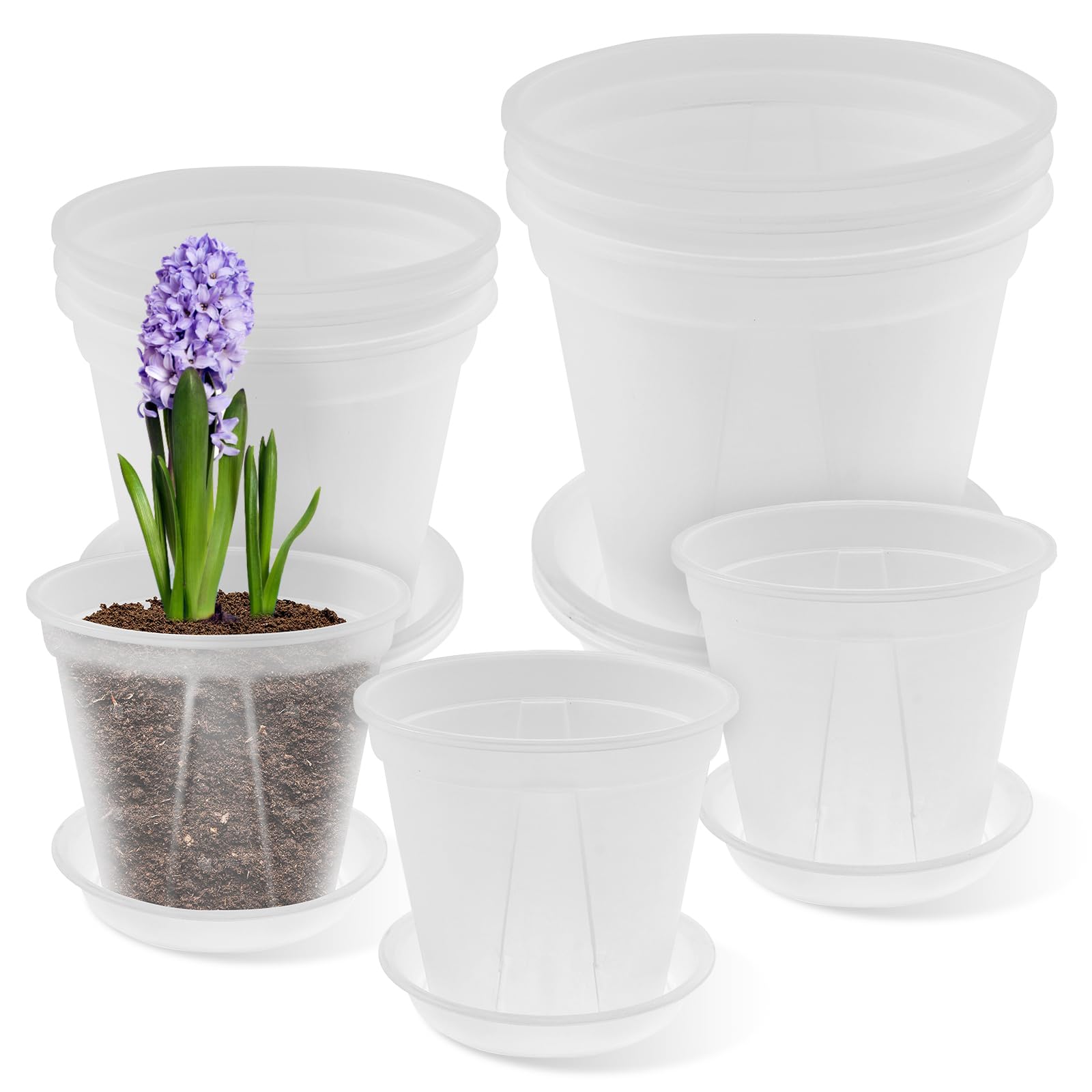 9Pcs Plastic Plant Pots Clear Orchid Pots, 12/15/18 cm Lightweight Transparent Plant Pot with Drainage Hole and Saucer Seedling Planter for Potting Orchids Seed Cutting Succulents Indoor Outdoor