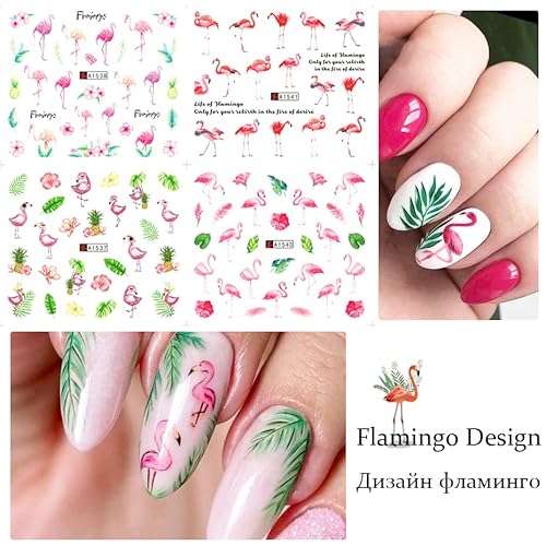 Flamingo Nail Art Stickers Water Transfer Nail Decals For Nails Art Summer Coconut Tree Palm Leaves Design Acrylic Nail Stickers Manicure Nail Diy Decoration For Women 12 Sheets #TOP3