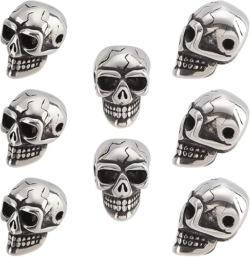 PH PandaHall 10 cuentas de calavera de 0.059 pulgadas de acero inoxidable europeo espaciador cuentas de calavera de plata antigua para collar,