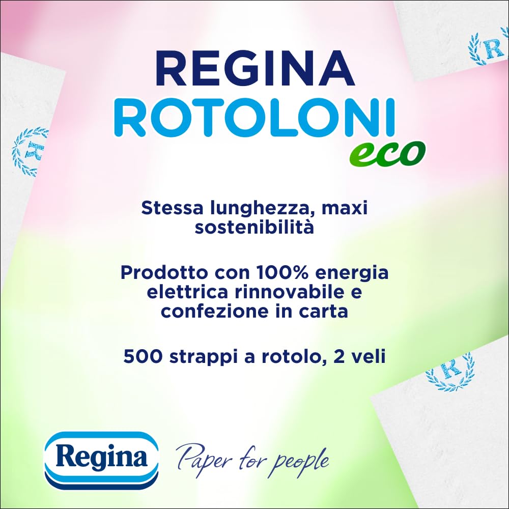 Regina Rotoloni Eco, 56 Maxi Rotoli di Carta Igienica a 2 Veli | 500 Fogli, Lunghi Più del Doppio dei Normali Rotoli, Confezione in Carta Riciclabile, Carta 100% Certificata FSC