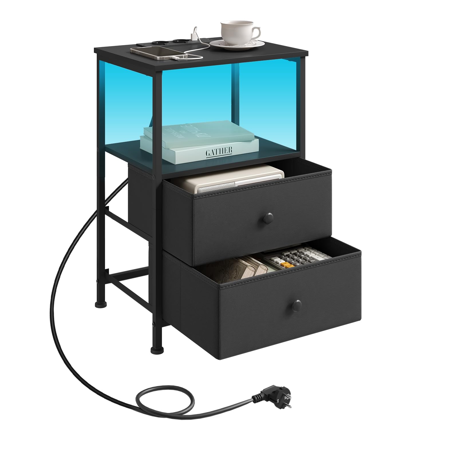 WOLTU Mesita Noche con Enchufes, Mesa Auxiliar Luz LED, 2 Cajones de Tela y Estantes Abiertos, Mesilla de Noche Negra, para Salón, Dormitorio y Oficina, Metal + MDF, NTS27sz | 2 cajones de tela y estantes abiertos, mesilla de noche inteligente para salón,