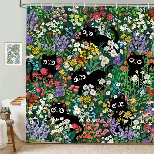 hometrixx Dessin Animé Rideau de Douche Chat Amusant 180x200cm Chat Noir Buisson Rideaux de Baignoire Tissu Polyester Imperméable pour Salle de Bain Lavable...