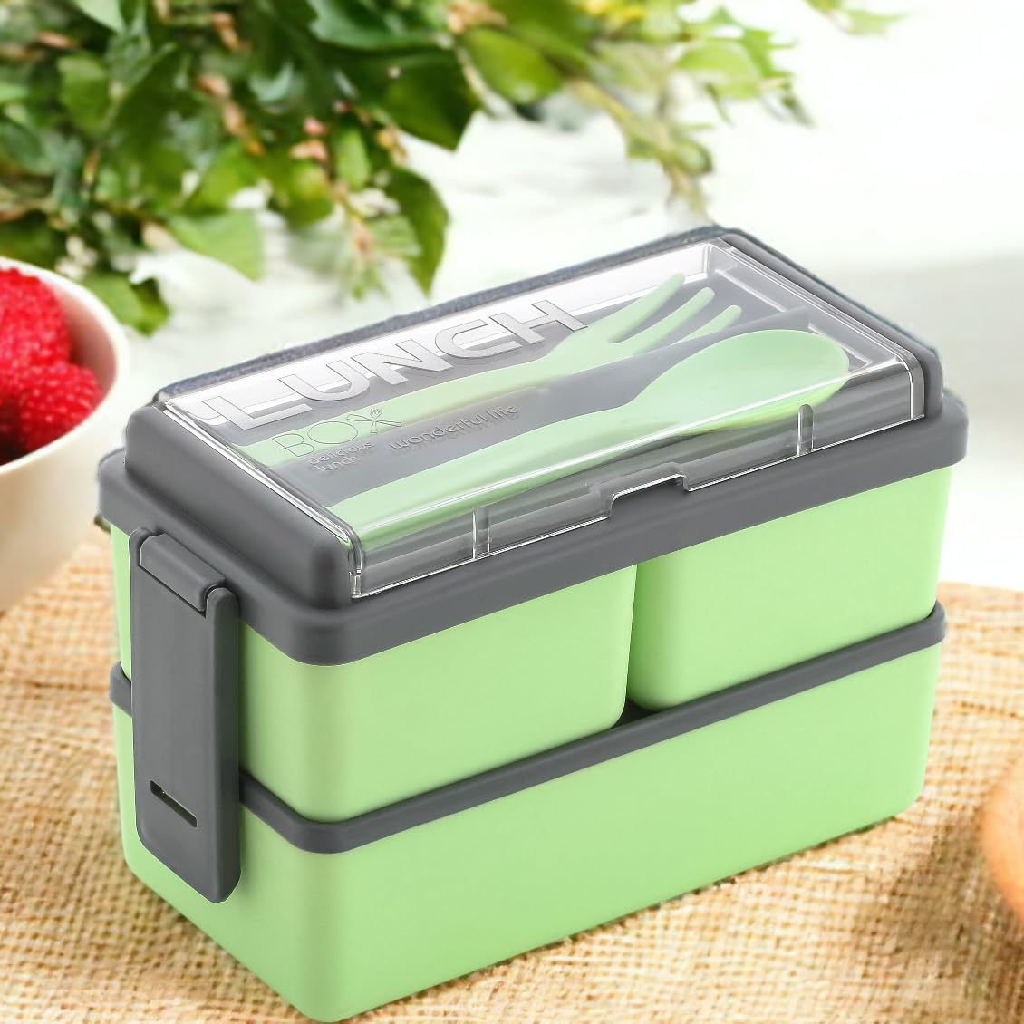 SKUAS Bento Box With 3 Compartments & Fork - Leak-Proof Lunch Container for Adults, Kids, Toddlers - Microwave, Dishwasher, Freezer Safe (Green)